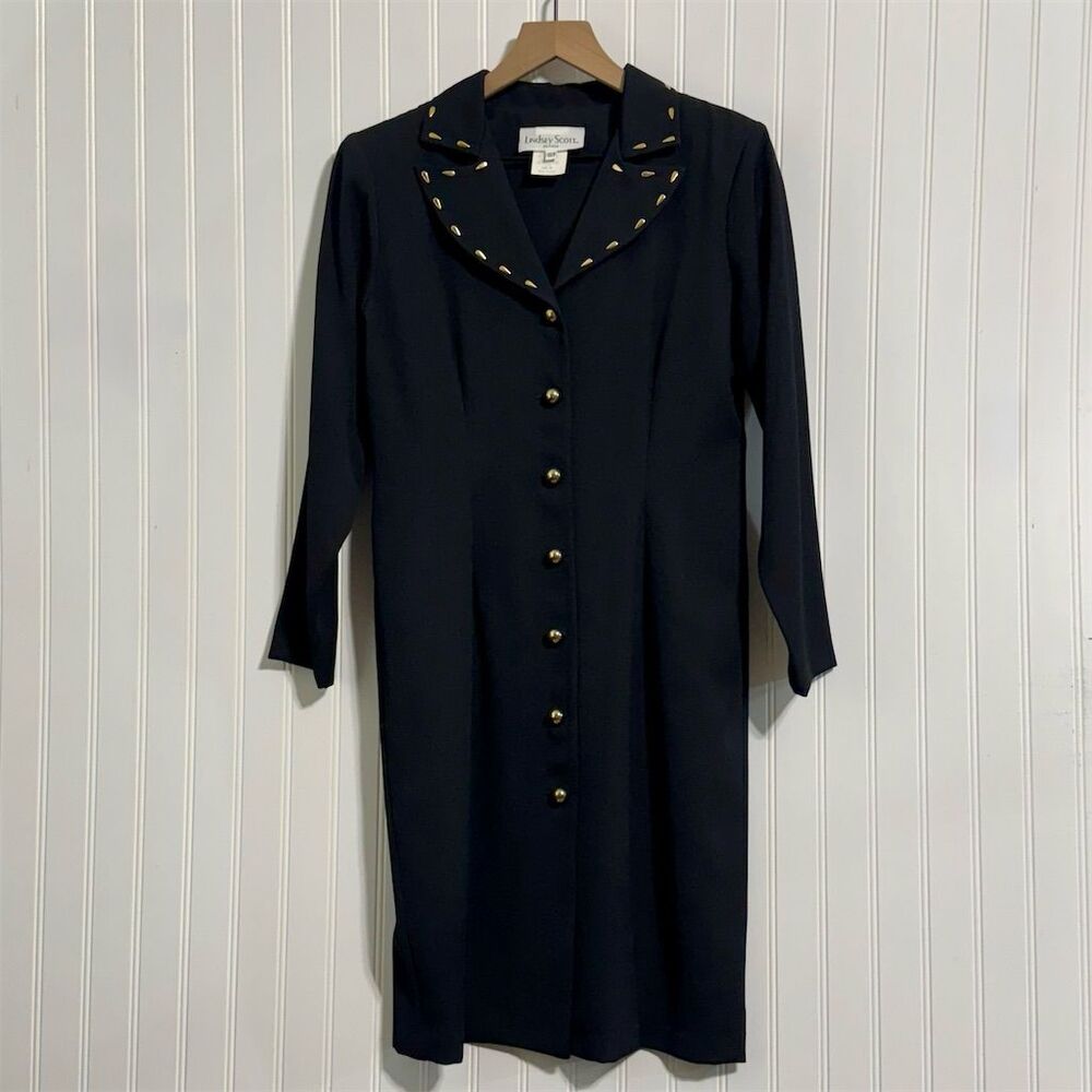 VTG 90s Lindsey Scott Black Coat Dress 10P Gold Studs Collar Mob Wife Button Up